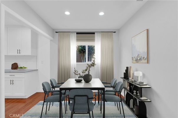 Dining room, Interior, Recessed Lighting, Wood Texture Flooring
