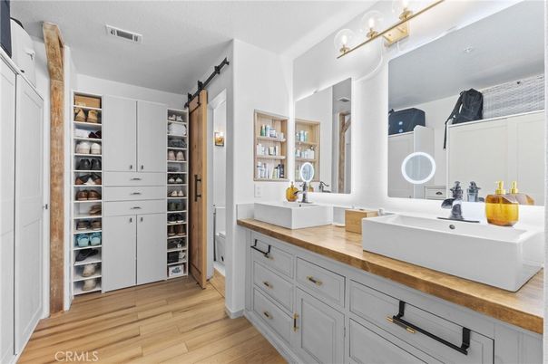 Bathroom, Dual Sink Vanities, Interior, Walk-in Closets, Wood Texture Flooring