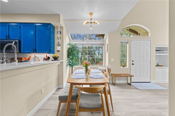 Dining room, Interior, Pendant Lights, Wood Texture Flooring