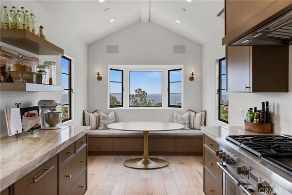 Interior, Kitchen, Recessed Lighting, Stainless Steel Appliances, Water, Wood Texture Flooring