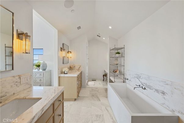 Bathroom, Dual Sink Vanities, Interior, Marble, Recessed Lighting