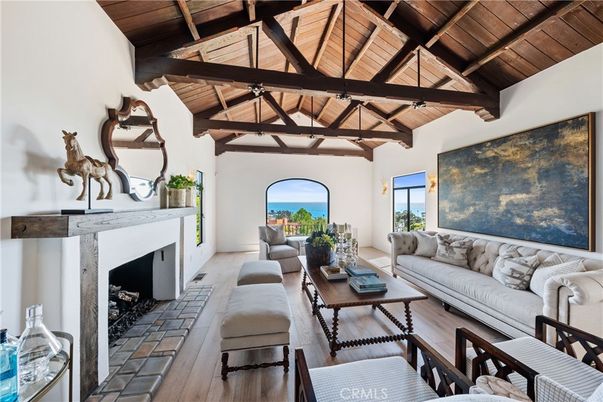 Fireplace, Interior, Living room, Water, Wooden Beams, Wooden Ceilings, Wood Texture Flooring