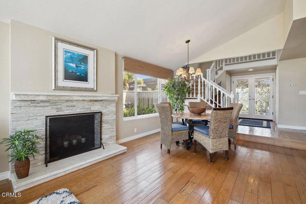 Chandelier, Dining room, Fireplace, Interior, Recessed Lighting, Wood Texture Flooring