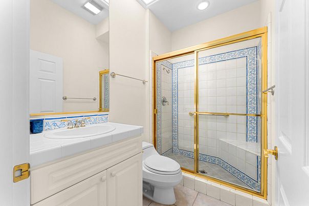 Bathroom, Glass Shower, Interior, Recessed Lighting, Tile Countertops