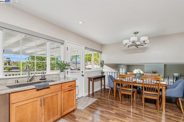 Chandelier, Dining room, Interior, Kitchen, Recessed Lighting, Wood Texture Flooring