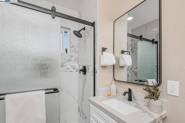 Bathroom, Glass Shower, Interior, Marble Walls, Recessed Lighting