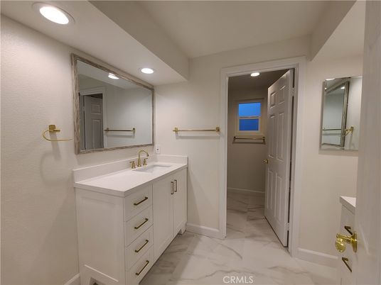 Bathroom, Dual Sink Vanities, Interior, Marble, Recessed Lighting