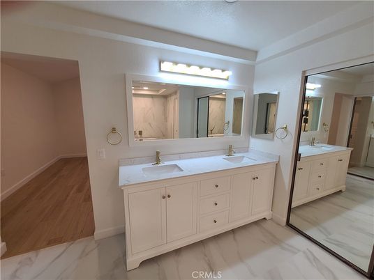 Bathroom, Dual Sink Vanities, Interior, Marble, Wood Texture Flooring