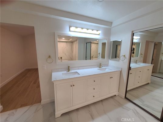 Bathroom, Dual Sink Vanities, Interior, Marble, Wood Texture Flooring