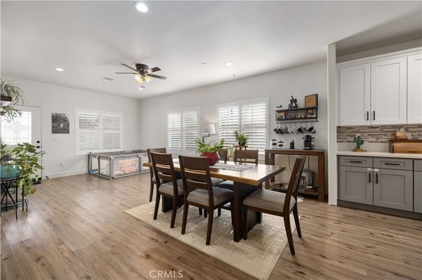 Dining room, Interior, Recessed Lighting, Wood Texture Flooring