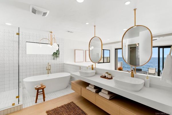 Bathroom, Dual Sink Vanities, Free Standing Baths, Interior, Pendant Lights, Recessed Lighting, Wood Texture Flooring