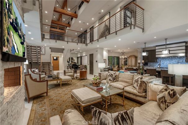 Chandelier, Dining room, Fireplace, Interior, Kitchen, Living room, Pendant Lights, Recessed Lighting