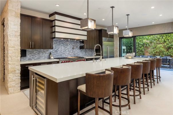 Interior, Kitchen, Pendant Lights, Recessed Lighting, Stainless Steel Appliances, Stone Walls