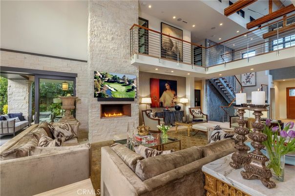 Fireplace, Interior, Living room, Recessed Lighting, Stone Walls