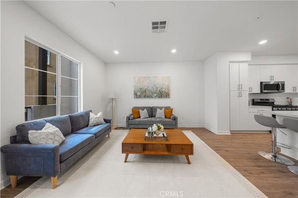 Interior, Kitchen, Living room, Recessed Lighting, Stainless Steel Appliances, Wood Texture Flooring
