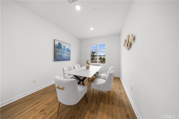 Dining room, Interior, Recessed Lighting, Wood Texture Flooring