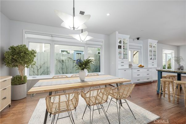 Dining room, Interior, Pendant Lights, Recessed Lighting, Wood Texture Flooring