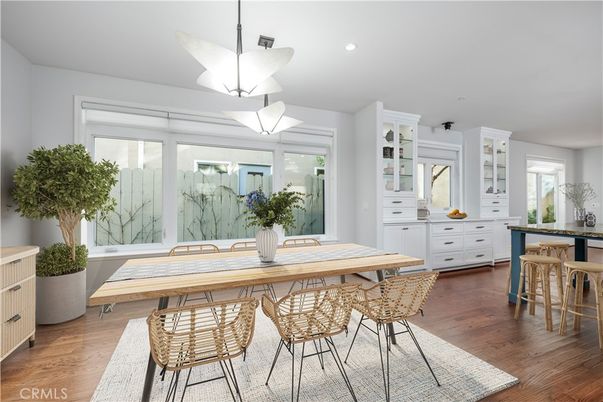Dining room, Interior, Pendant Lights, Recessed Lighting, Wood Texture Flooring