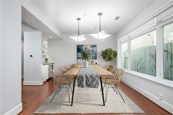 Dining room, Interior, Pendant Lights, Recessed Lighting, Wood Texture Flooring