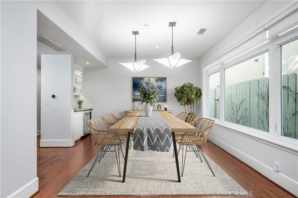 Dining room, Interior, Pendant Lights, Recessed Lighting, Wood Texture Flooring