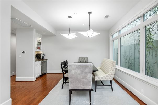 Dining room, Interior, Pendant Lights, Recessed Lighting, Wood Texture Flooring