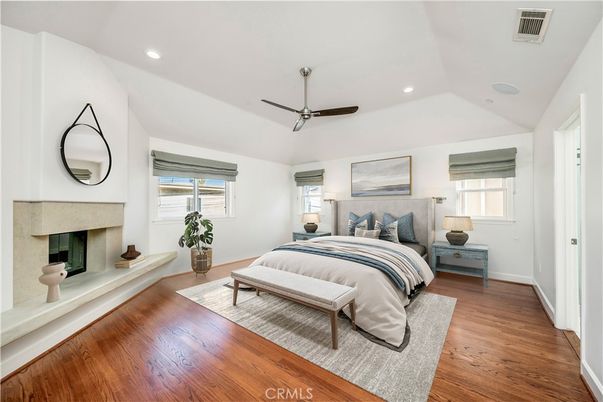 Bedroom, Fireplace, Interior, Recessed Lighting, Wood Texture Flooring