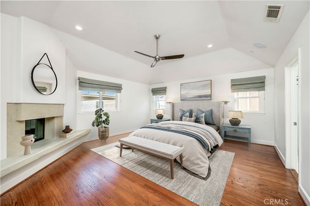 Bedroom, Fireplace, Interior, Recessed Lighting, Wood Texture Flooring