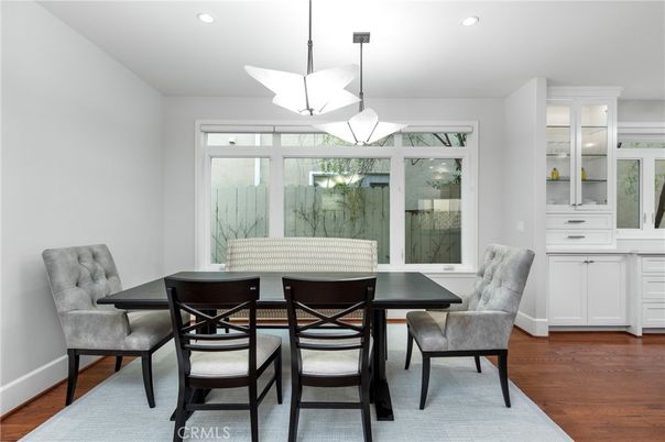 Dining room, Interior, Pendant Lights, Recessed Lighting, Wood Texture Flooring
