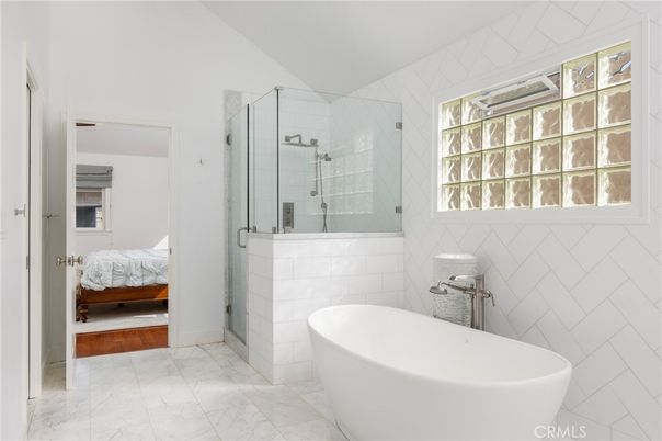 Bathroom, Bedroom, Free Standing Baths, Glass Shower, Interior, Marble, Wood Texture Flooring