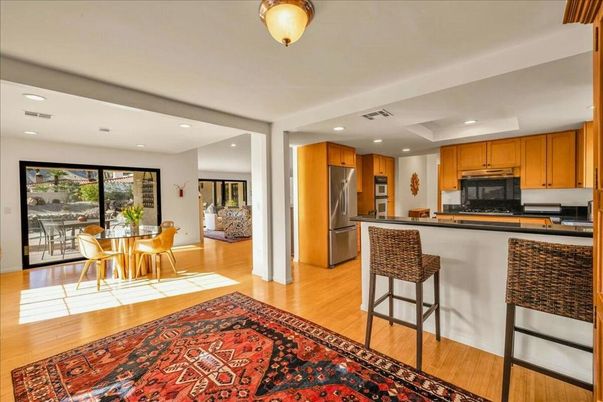 Dining room, Interior, Kitchen, Recessed Lighting, Stainless Steel Appliances, Wood Texture Flooring
