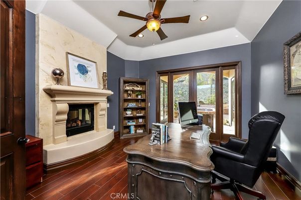 Fireplace, Home Office, Interior, Recessed Lighting, Wood Texture Flooring