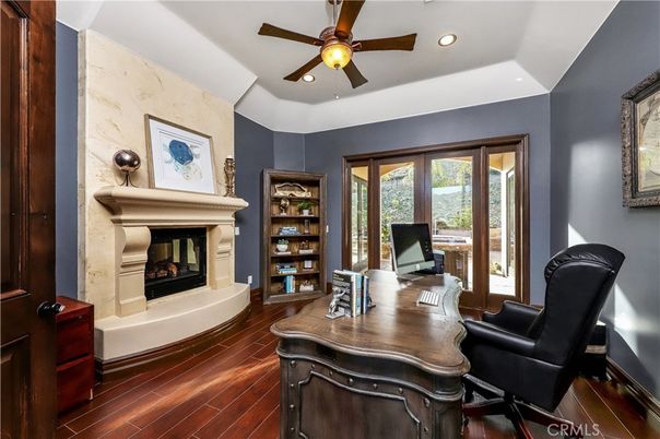 Fireplace, Home Office, Interior, Recessed Lighting, Wood Texture Flooring
