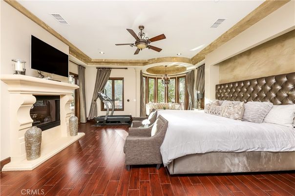 Bedroom, Fireplace, Interior, Recessed Lighting, Wood Texture Flooring