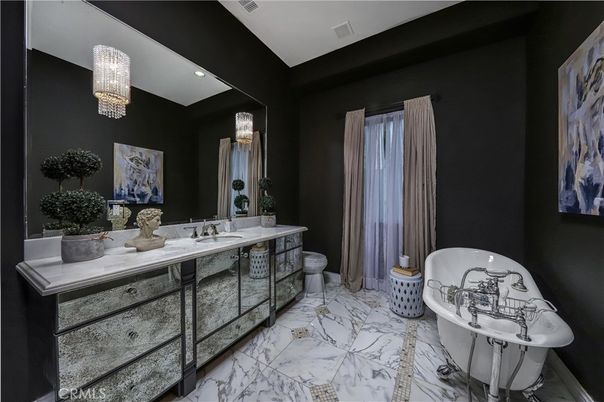 Bathroom, Chandelier, Dual Sink Vanities, Free Standing Baths, Interior, Marble, Recessed Lighting