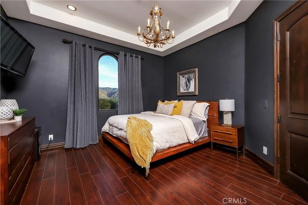 Bedroom, Chandelier, Interior, Recessed Lighting, Wood Texture Flooring