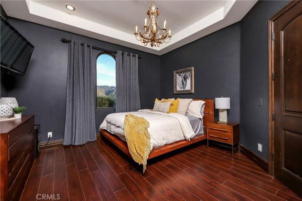 Bedroom, Chandelier, Interior, Recessed Lighting, Wood Texture Flooring