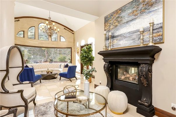 Chandelier, Fireplace, Interior, Living room