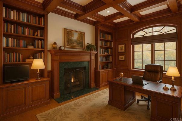 Fireplace, Home Office, Interior, Recessed Lighting, Wooden Beams, Wood Texture Flooring