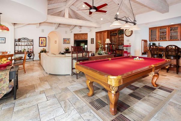 Billiard Table, Game Room, Interior, Living room, Pendant Lights, Recessed Lighting, Wooden Beams