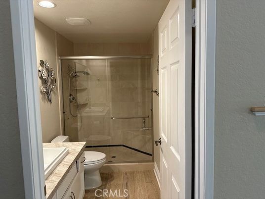 Bathroom, Glass Shower, Interior, Recessed Lighting, Wood Texture Flooring