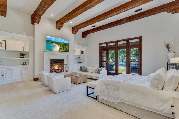 Bedroom, Fireplace, Interior, Living room, Recessed Lighting, Wooden Beams