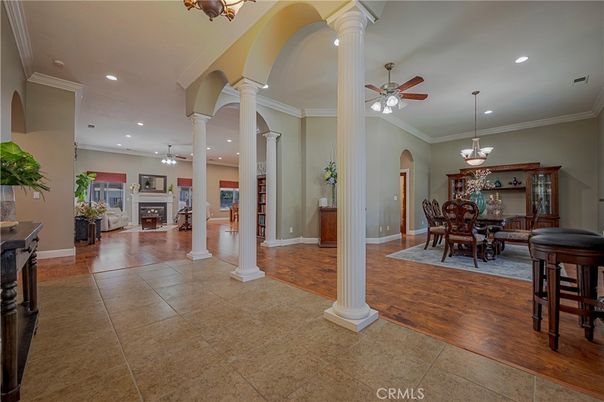 Chandelier, Dining room, Fireplace, Interior, Pendant Lights, Recessed Lighting, Wood Texture Flooring