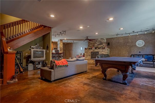 Billiard Table, Fireplace, Game Room, Interior, Living room, Recessed Lighting, Stone Walls