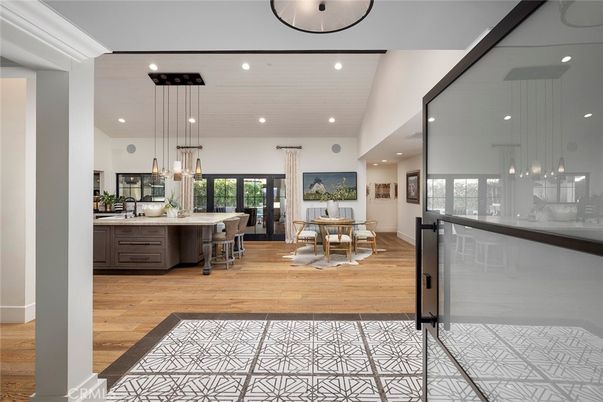 Dining room, Interior, Pendant Lights, Recessed Lighting, Wood Texture Flooring