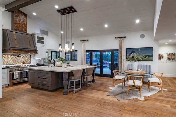 Dining room, Interior, Kitchen, Pendant Lights, Recessed Lighting, Stainless Steel Appliances, Wooden Beams, Wood Texture Flooring
