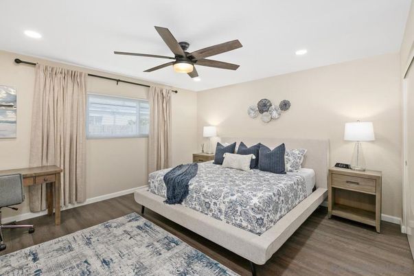Bedroom, Interior, Recessed Lighting, Wood Texture Flooring