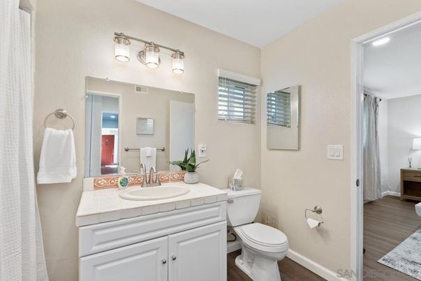 Bathroom, Interior, Tile Countertops, Wood Texture Flooring