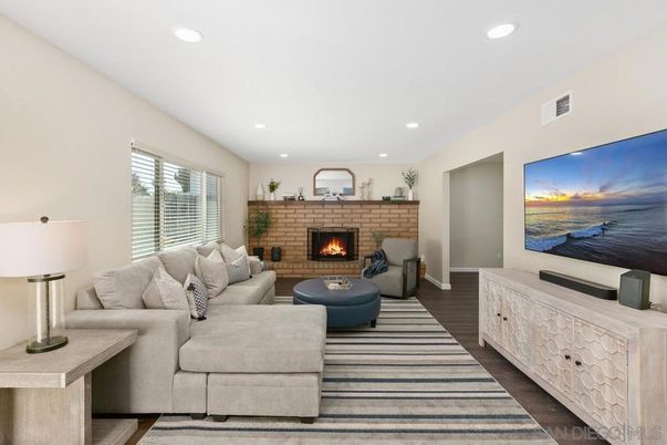 Fireplace, Interior, Living room, Recessed Lighting, Wood Texture Flooring