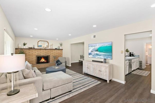 Fireplace, Interior, Living room, Recessed Lighting, Wood Texture Flooring
