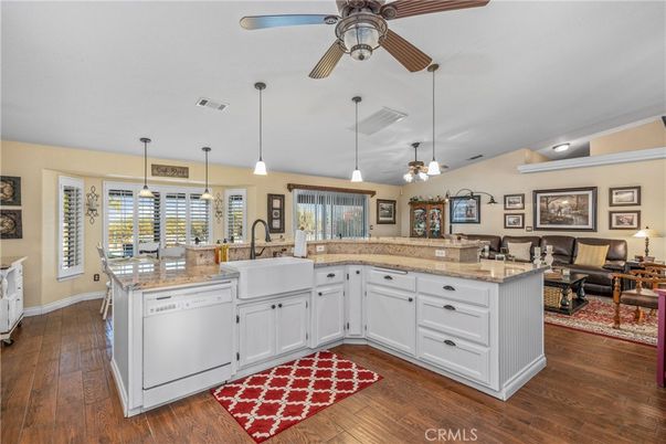 Dining room, Interior, Kitchen, Living room, Pendant Lights, Wood Texture Flooring